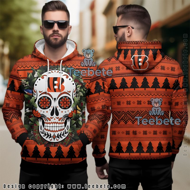 Cincinnati Bengals Orange Sugar Skull Christmas Ugly 3D Hoodie