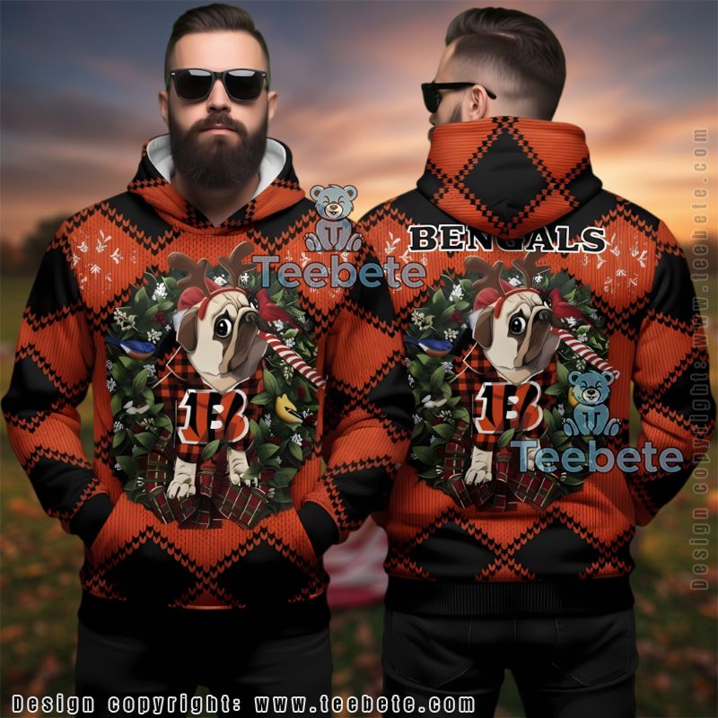 Cincinnati Bengals Pug Dog Reindeer Ugly Christmas 3D Hoodie