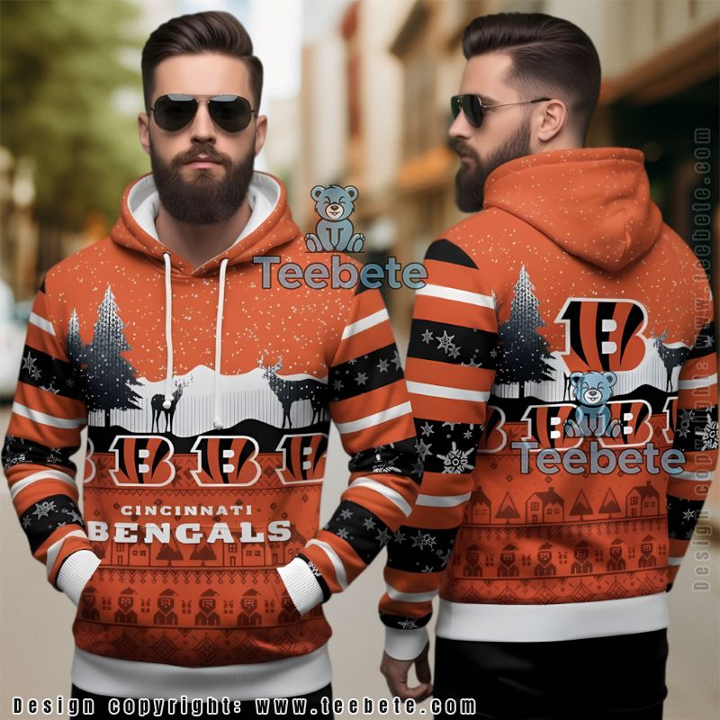 Cincinnati Bengals Reindeer Forest Ugly Christmas 3D Hoodie Orange