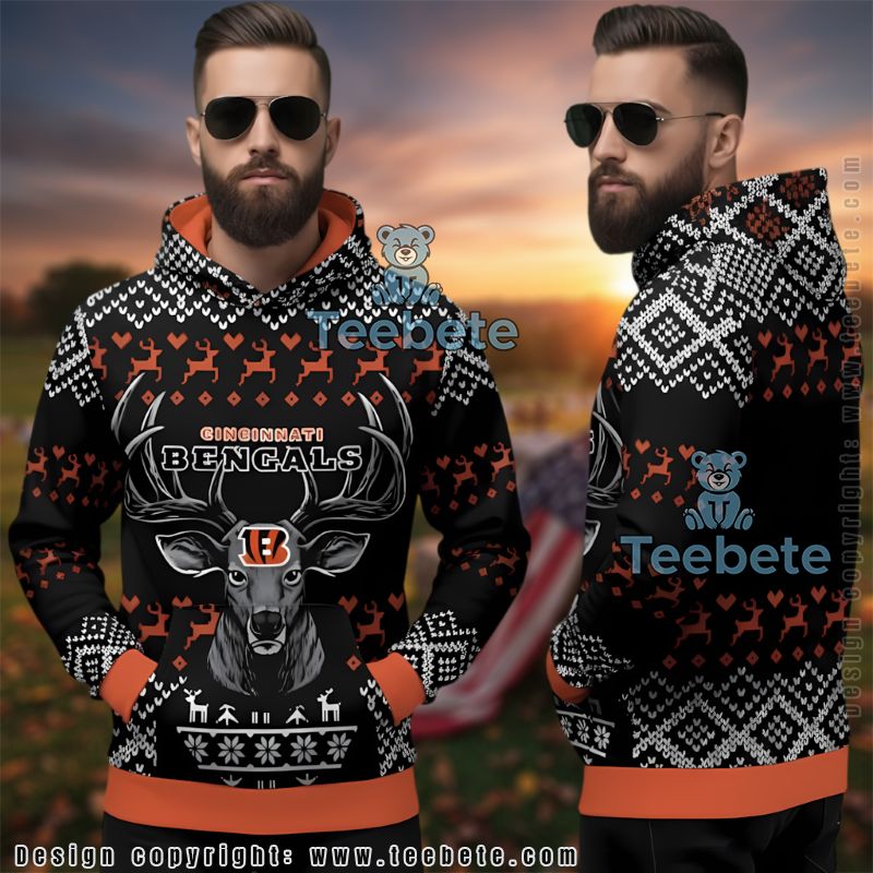 Cincinnati Bengals Reindeer Head Ugly Christmas 3D Hoodie