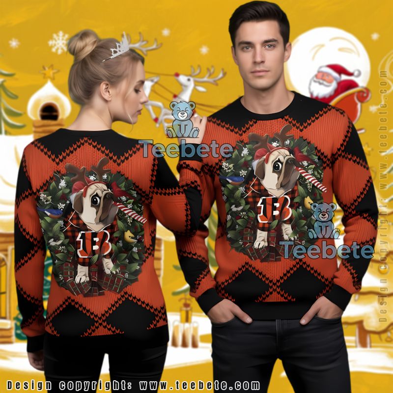 Cincinnati Bengals Reindeer Pug Dog Ugly Christmas Sweater Family