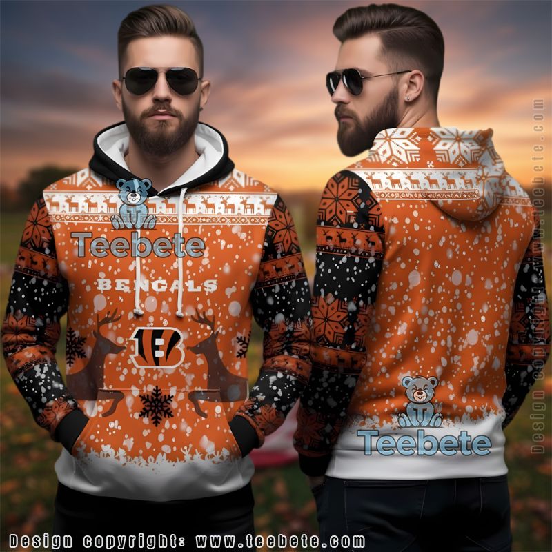 Cincinnati Bengals Reindeer Snowfall Ugly Christmas 3D Hoodie Orange