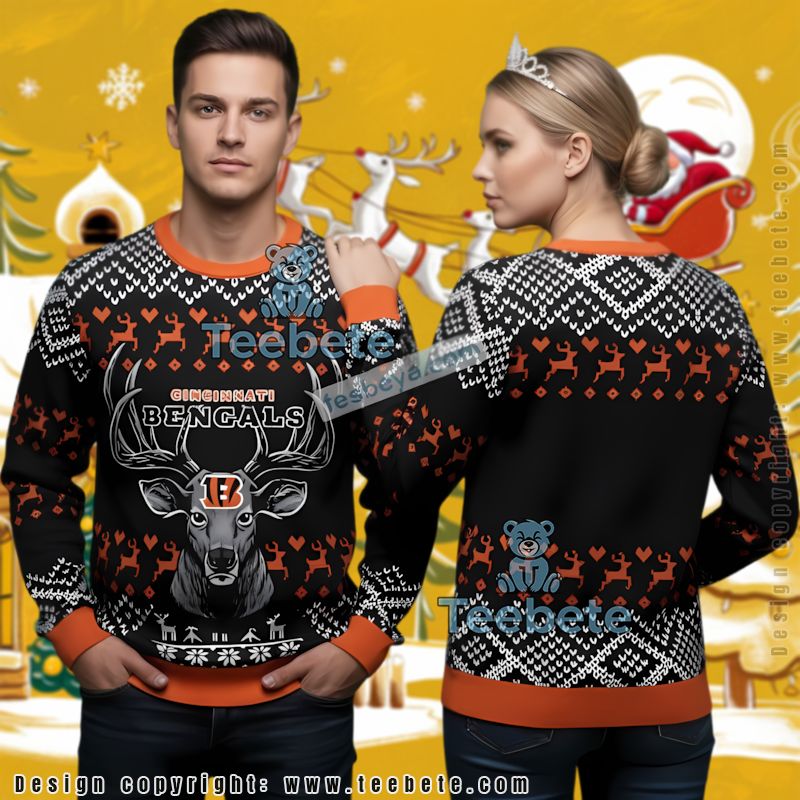 Cincinnati Bengals Reindeer Ugly Christmas Sweater Mens Black Orange