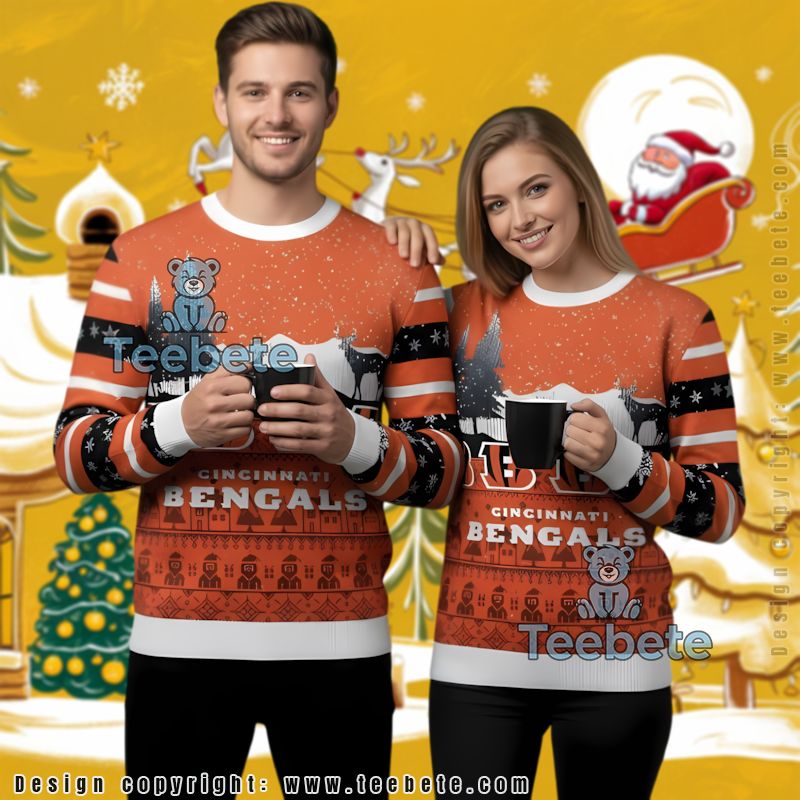 Cincinnati Bengals Reindeers Ugly Christmas Sweater Light Up White Orange