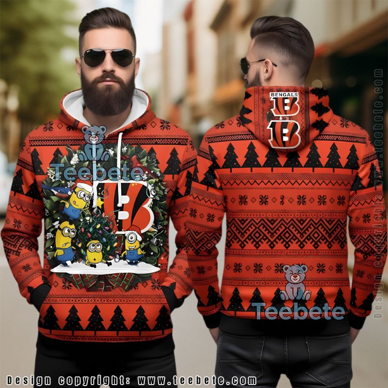 Cincinnati Bengals Santa Minions Ugly Christmas 3D Hoodie