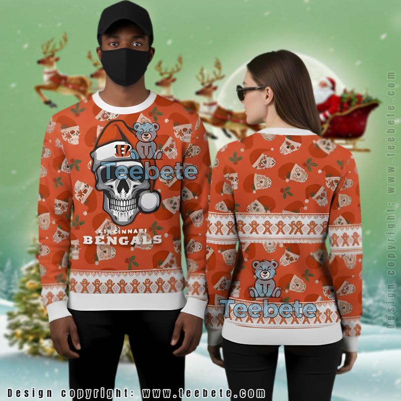 Cincinnati Bengals Santa Skull Ugly Christmas Sweater Most White Orange