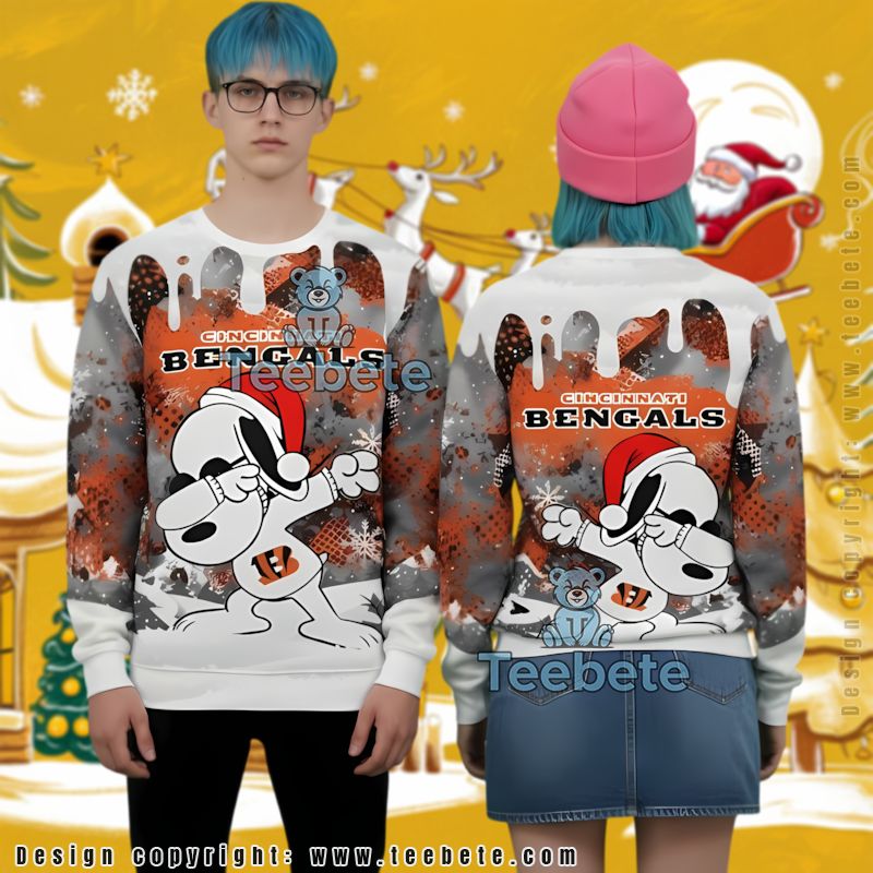 Cincinnati Bengals Santa Snoopy Ugly Christmas Sweater Grey White