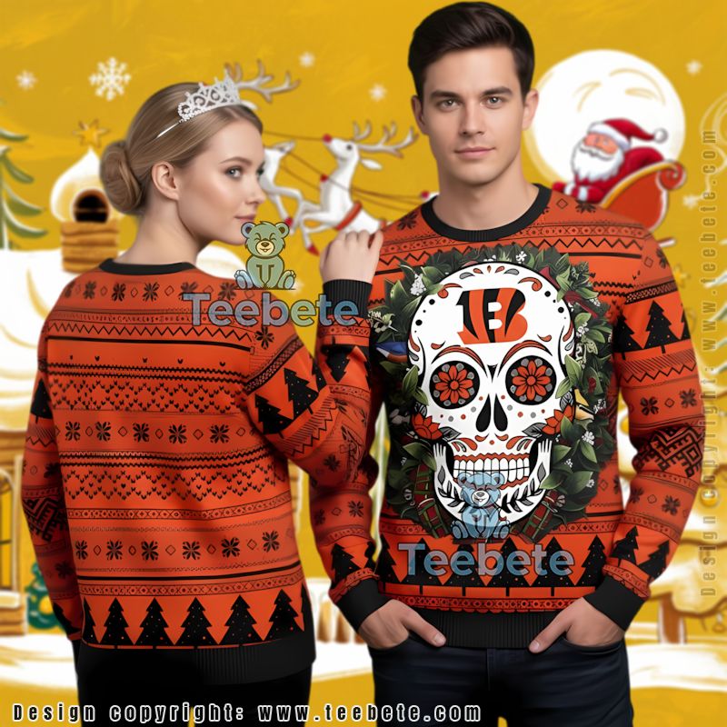 Cincinnati Bengals Skull Flower Ugly Christmas Sweater Naughty Black Orange