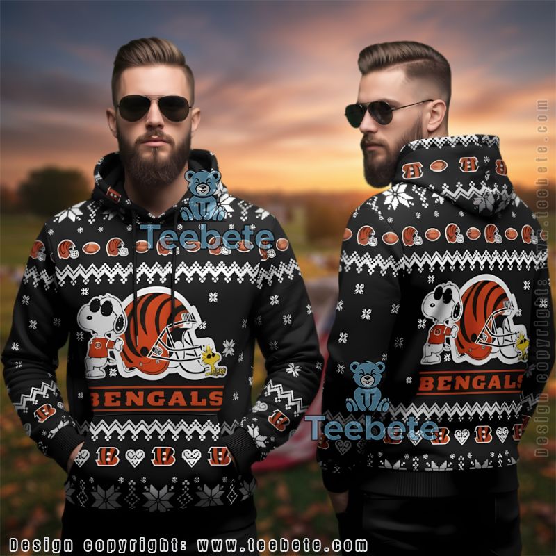 Cincinnati Bengals Snoopy Woodstock Ugly Christmas 3D Hoodie Black