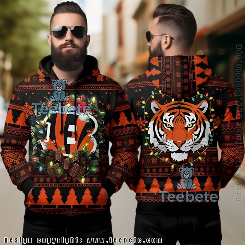 Cincinnati Bengals Ugly Christmas Lights Wreath 3D Hoodie