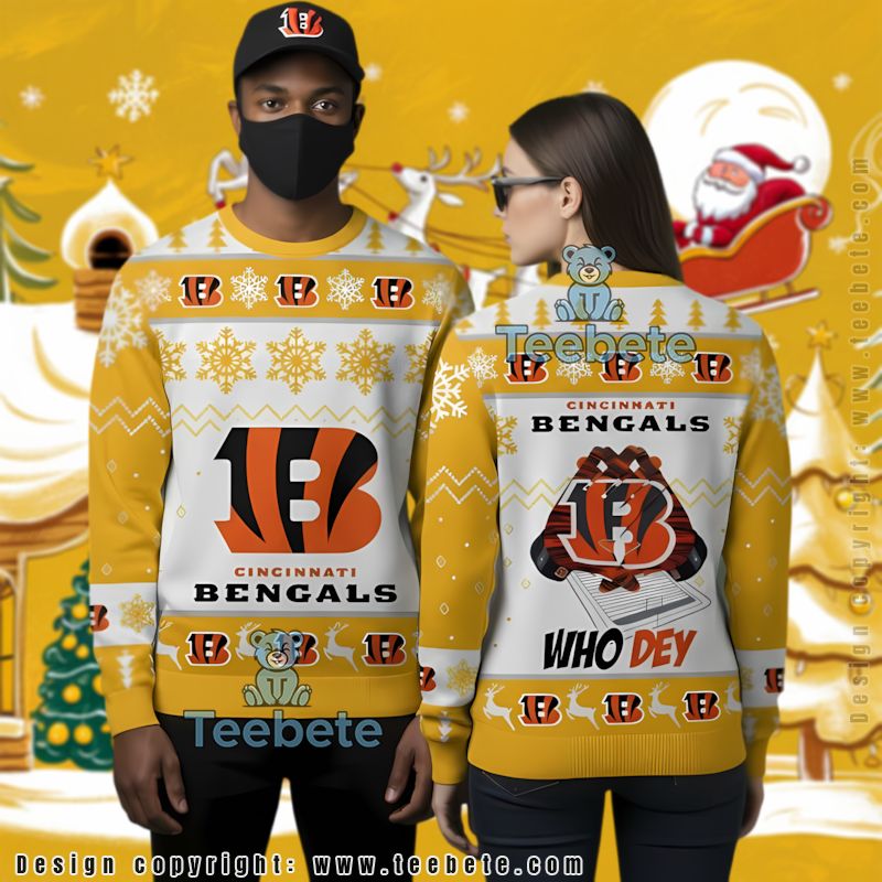 Cincinnati Bengals Who Dey Ugly Christmas Sweater Yellow White