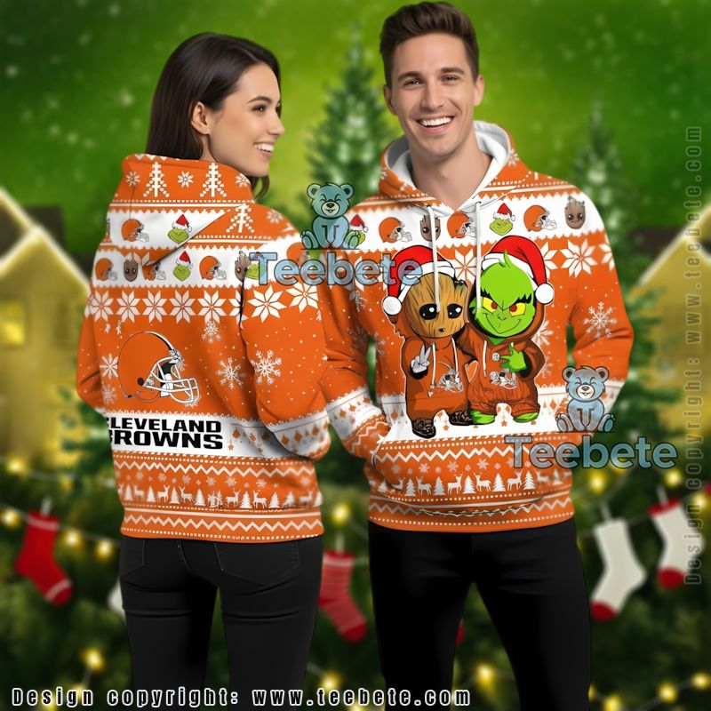 Cleveland Browns Baby Groot The Grinch Ugly Christmas 3D Hoodie