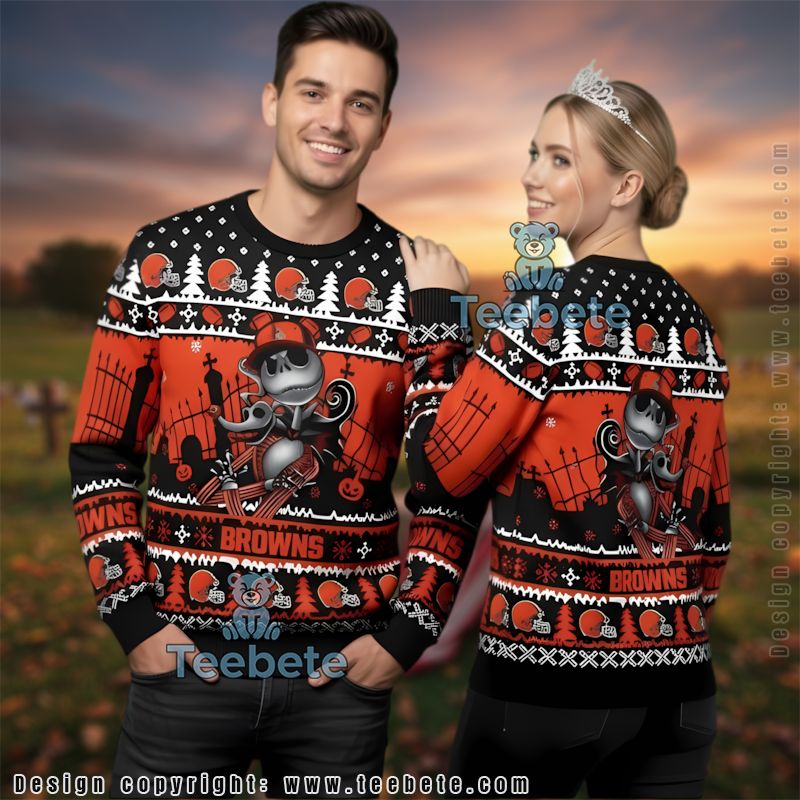 Cleveland Browns Jack Skellington Zero Ugly Christmas Sweater Mens Orange Black