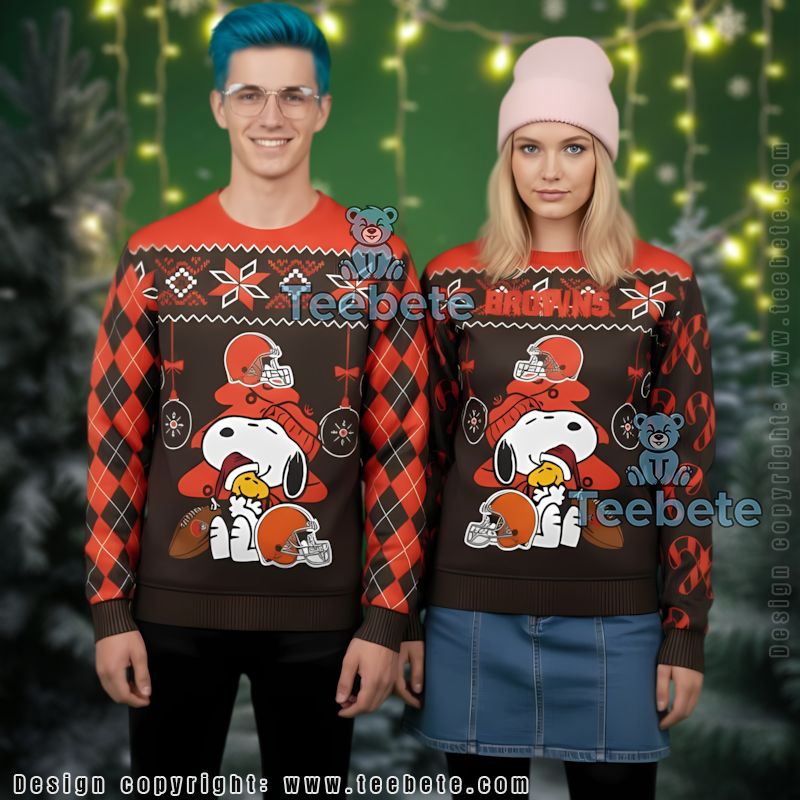 Cleveland Browns Snoopy Woodstock Ugly Christmas Sweater Friends Black Orange