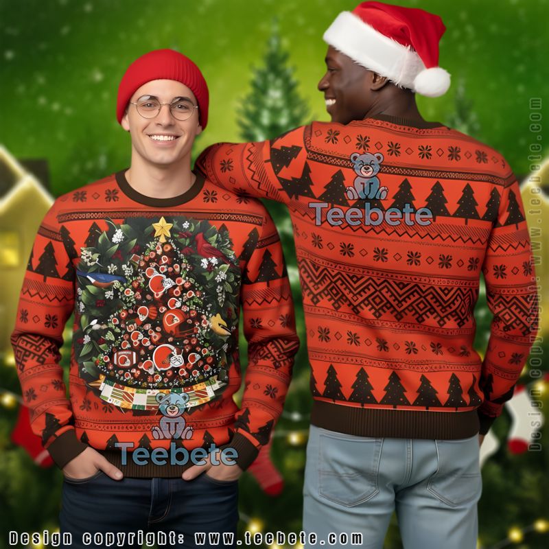 Cleveland Browns Tree Ball Ugly Christmas Cardigan Orange Black