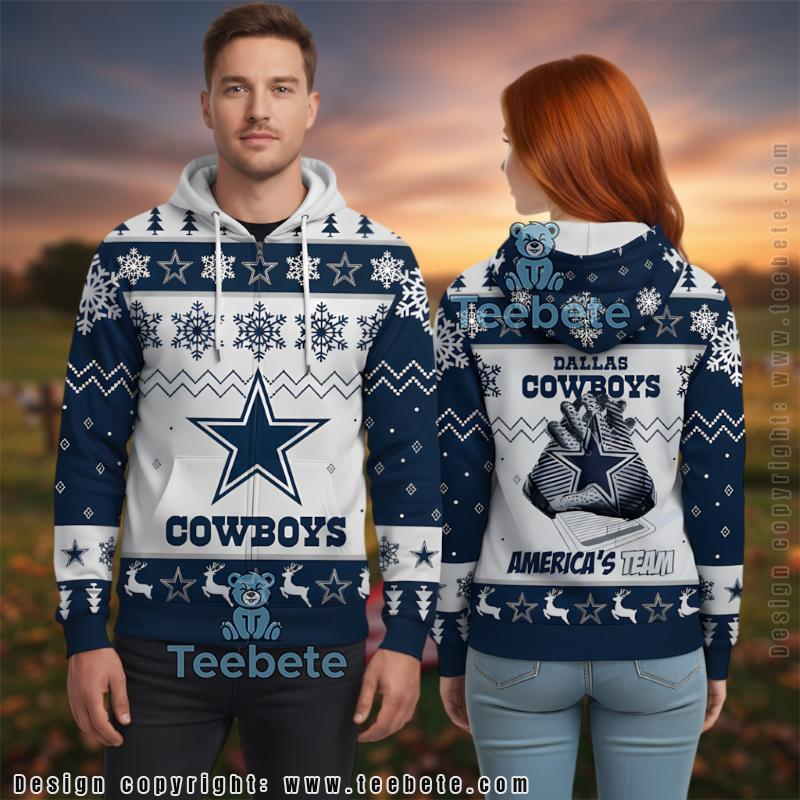 Dallas Cowboys Americas Team Navy Christmas 3D Ugly Zip Up Hoodie