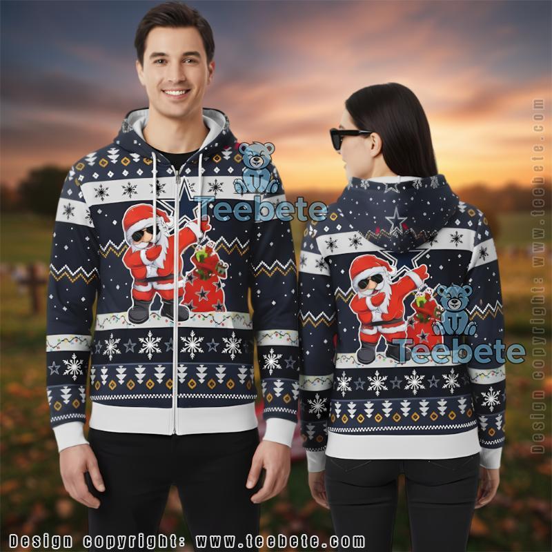 Dallas Cowboys Dabbing Santa Ugly Christmas 3D Zip Up Hoodie