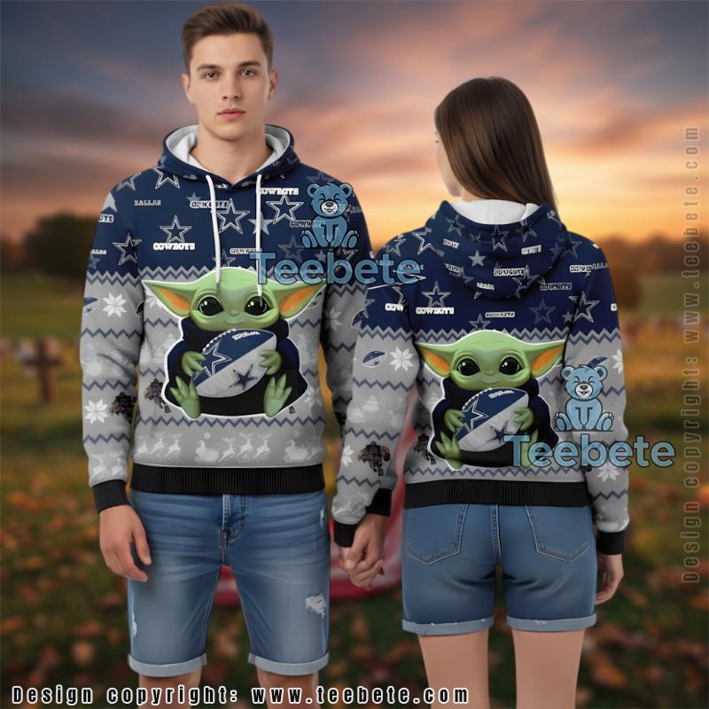 Dallas Cowboys Grogu Holding Football Ugly Christmas 3D Pullover Hoodie
