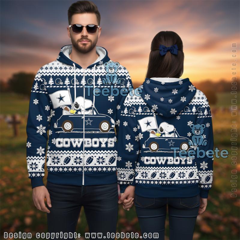 Dallas Cowboys Peanuts Snoopy Ugly Christmas 3D Zip Up Hoodie