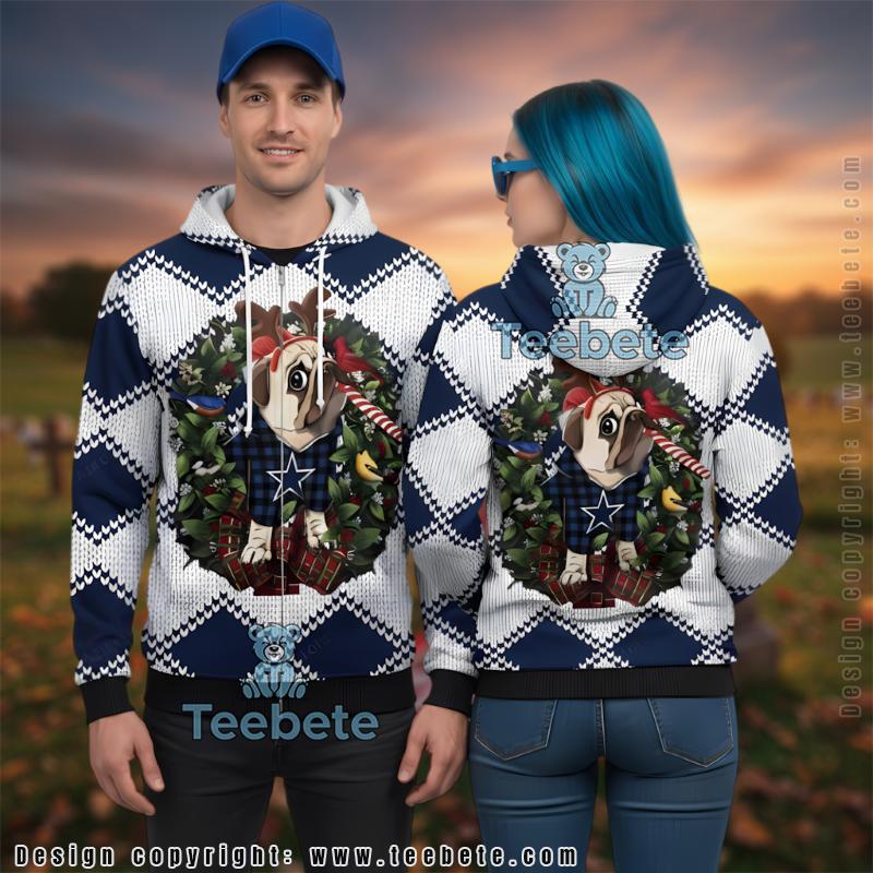 Dallas Cowboys Pug Dog Ugly Christmas 3D Zip Up Hoodie