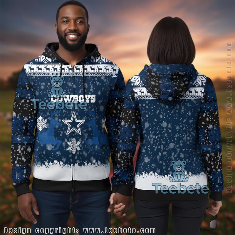 Dallas Cowboys Reindeer Pattern Ugly Christmas 3D Zip Up Hoodie
