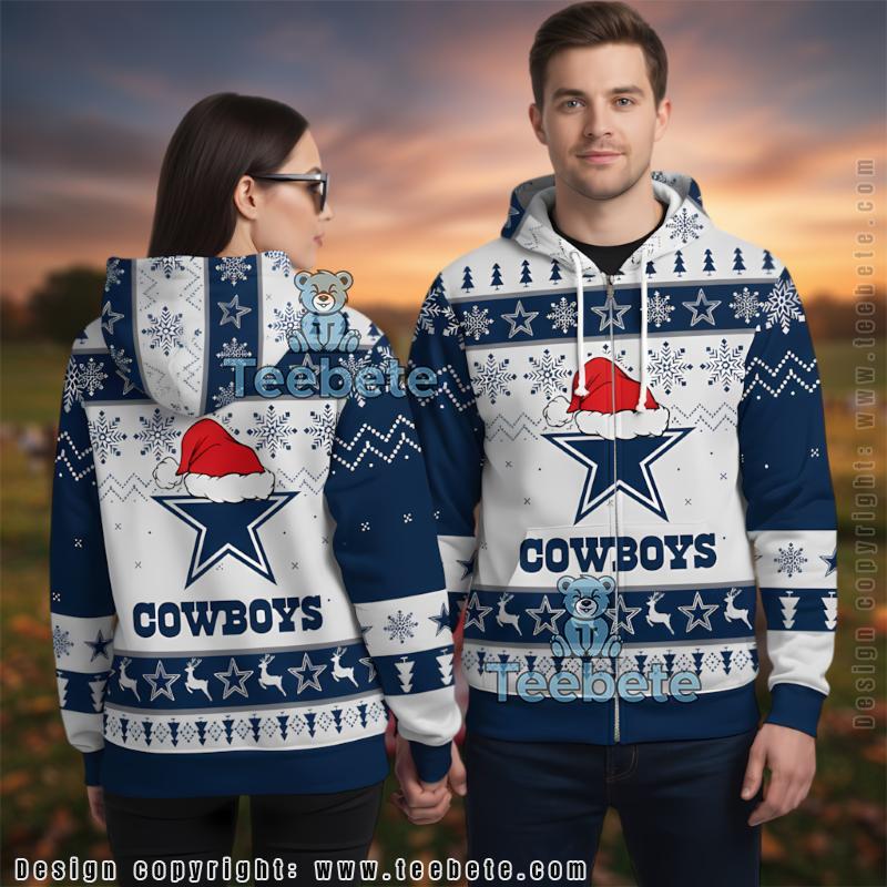 Dallas Cowboys Santa Hat Logo Ugly Christmas 3D Zip Up Hoodie