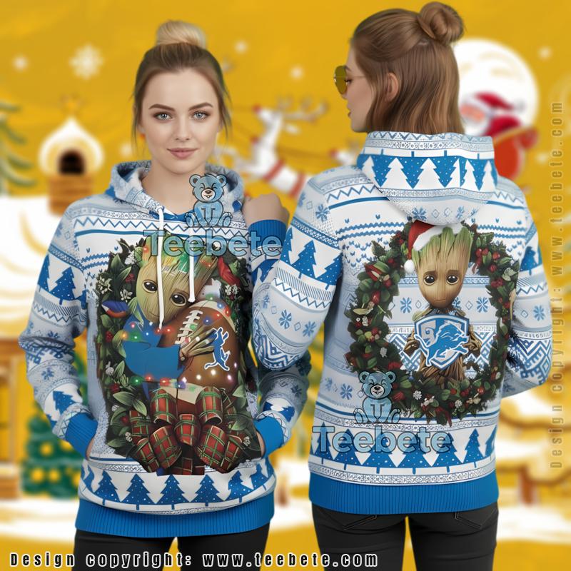 Detroit Lions Baby Groot Christmas Wreath Ugly 3D Hoodie Design