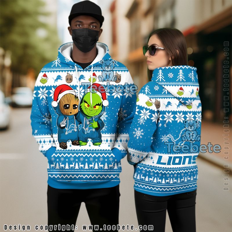 Detroit Lions Baby Groot The Grinch Ugly 3D Hoodie Graphic