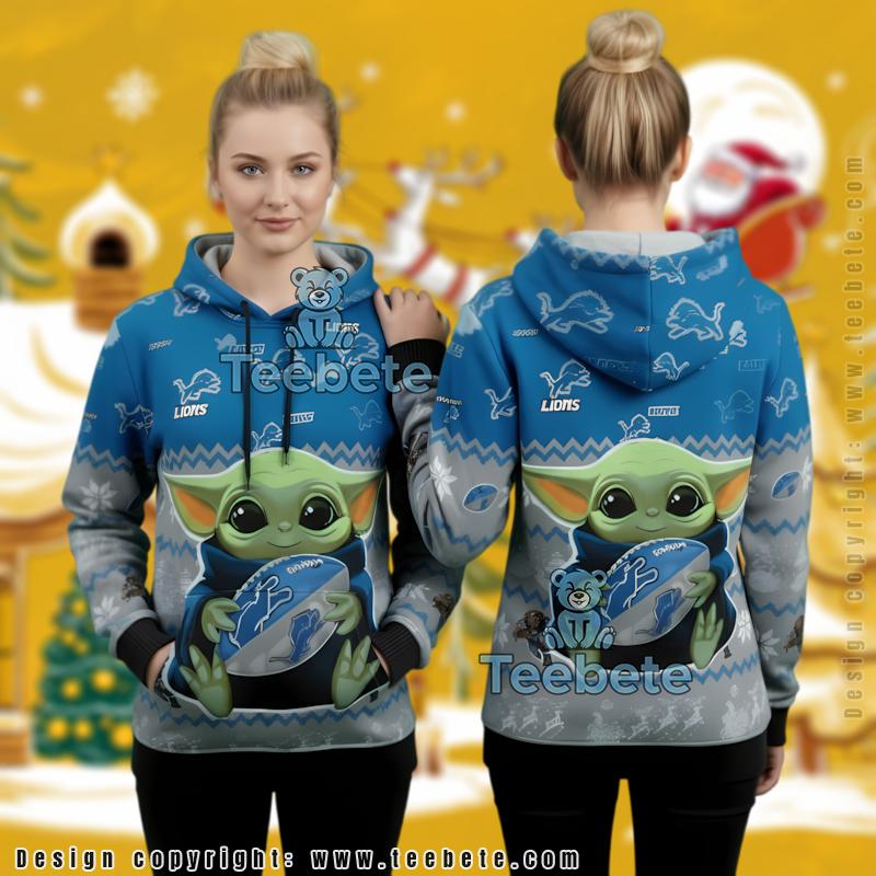 Detroit Lions Baby Yoda Grogu Football Hug 3D Ugly Christmas Hoodie