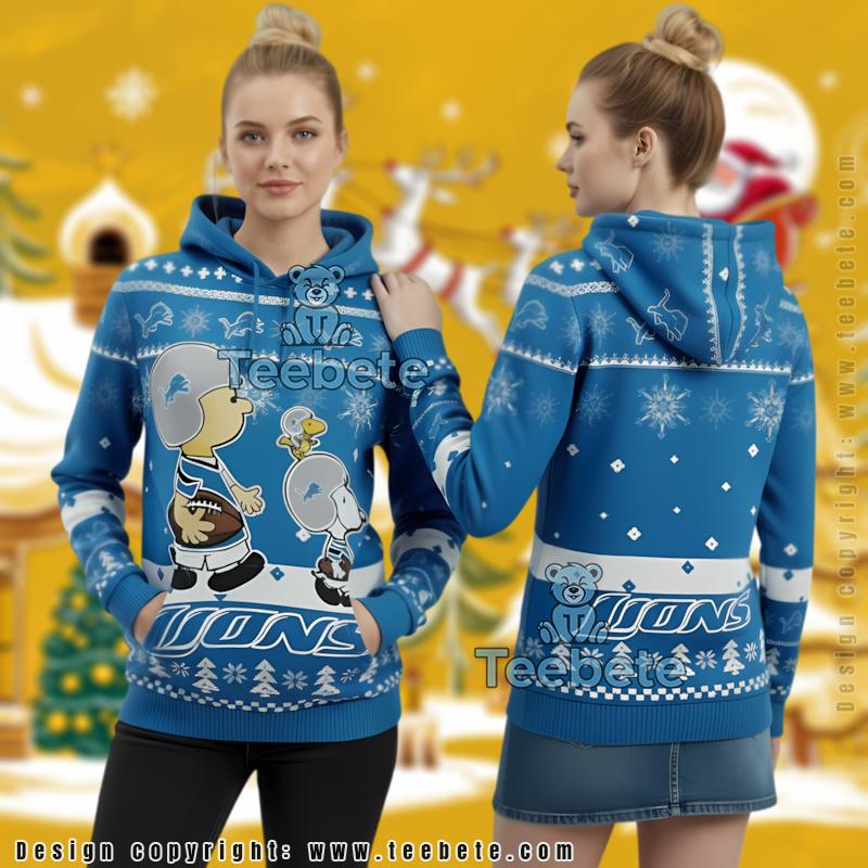 Detroit Lions Charlie Brown Snoopy Woodstock 3D Ugly Christmas Hoodie