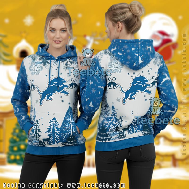 Detroit Lions Christmas Bell Snowflakes 3D Print Pullover Hoodie