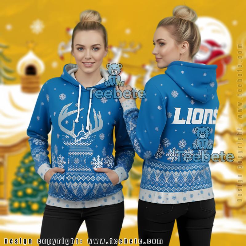 Detroit Lions Christmas Bell Snowflakes 3D Print Pullover Hoodie