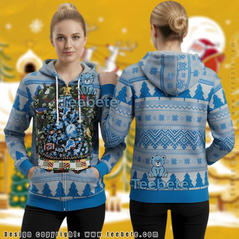 Detroit Lions Christmas Tree Ugly 3D Zip Up Hoodie Apparel