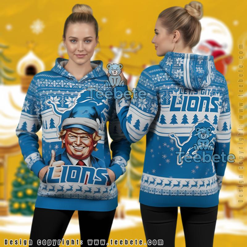 Detroit Lions Donald Trump Christmas Hat Ugly 3D Hoodie