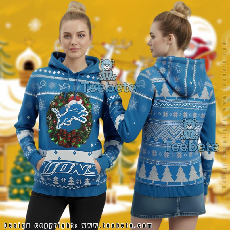 Detroit Lions Festive Wreath Ugly 3D Hoodie Print Pullover Apparel