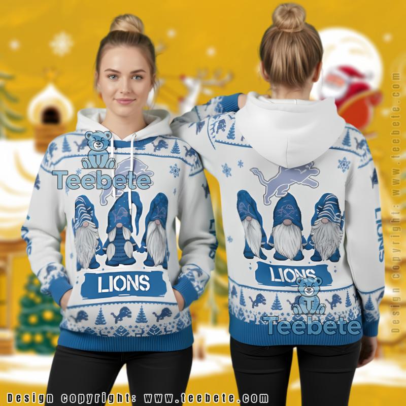 Detroit Lions Funny Gnomes Ugly Christmas 3D Pullover Hoodie