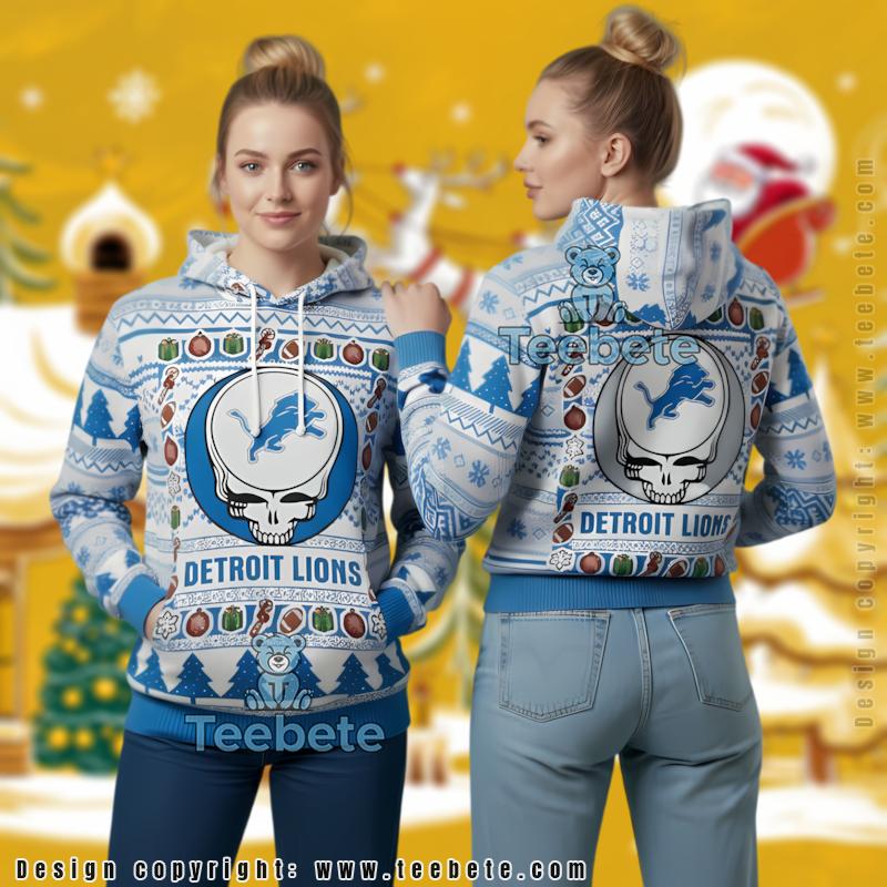 Detroit Lions Grateful Dead Steal Your Face Ugly Christmas 3D Hoodie