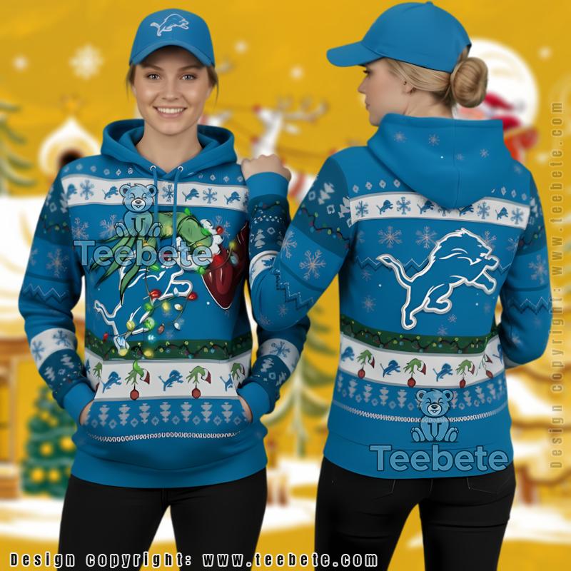Detroit Lions Grinch Stealing Christmas Lights 3D Ugly Hoodie
