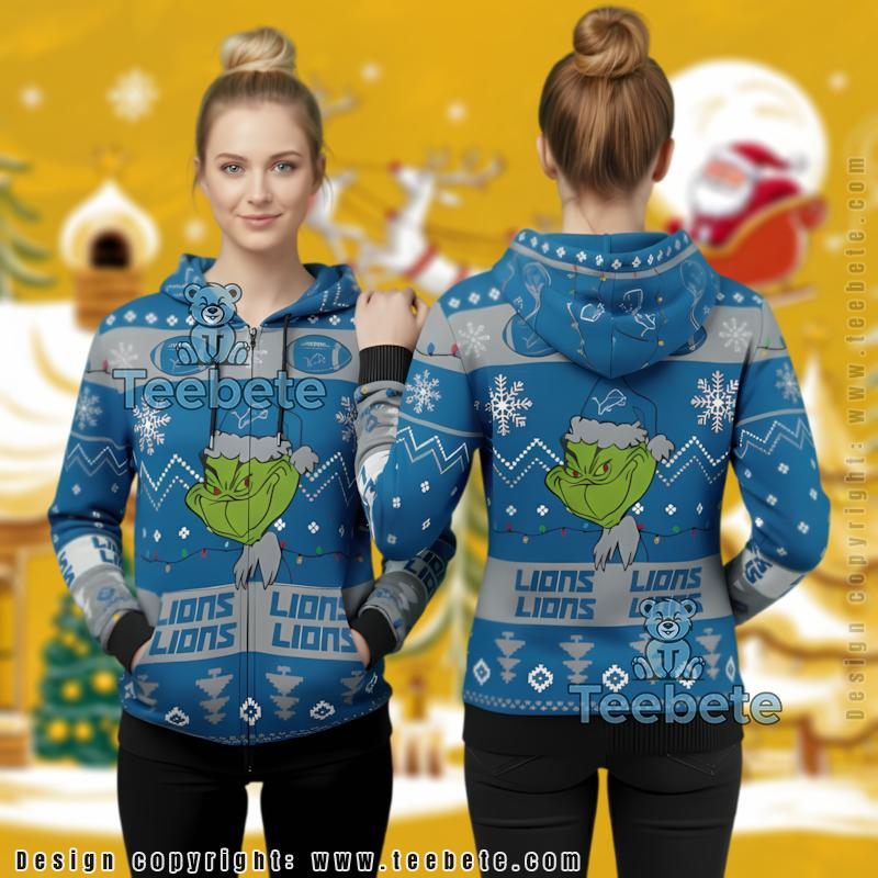 Detroit Lions Grinch Team Spirit Christmas Light 3D Ugly Hoodie