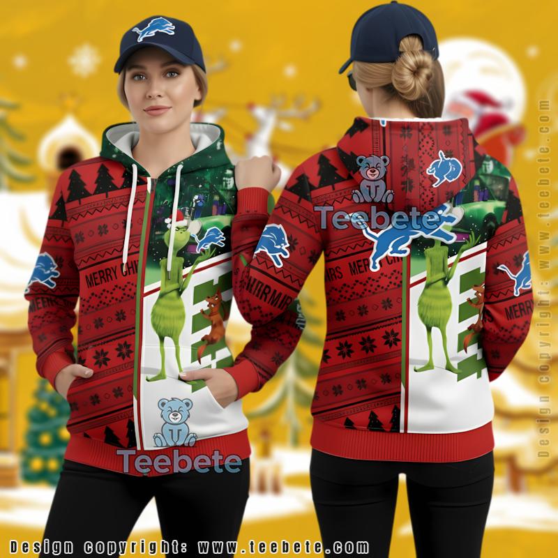 Detroit Lions Holiday Grinch Stole Christmas Ugly 3D Zip Up Hoodie