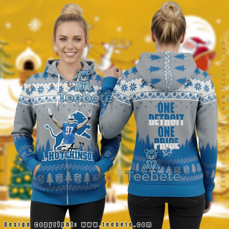 Detroit Lions One Pride Aidan Hutchinson Ugly 3D Full Zip Hoodie