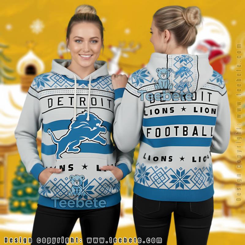 Detroit Lions Patchwork Christmas Tree Snowflakes 3D Ugly Hoodie