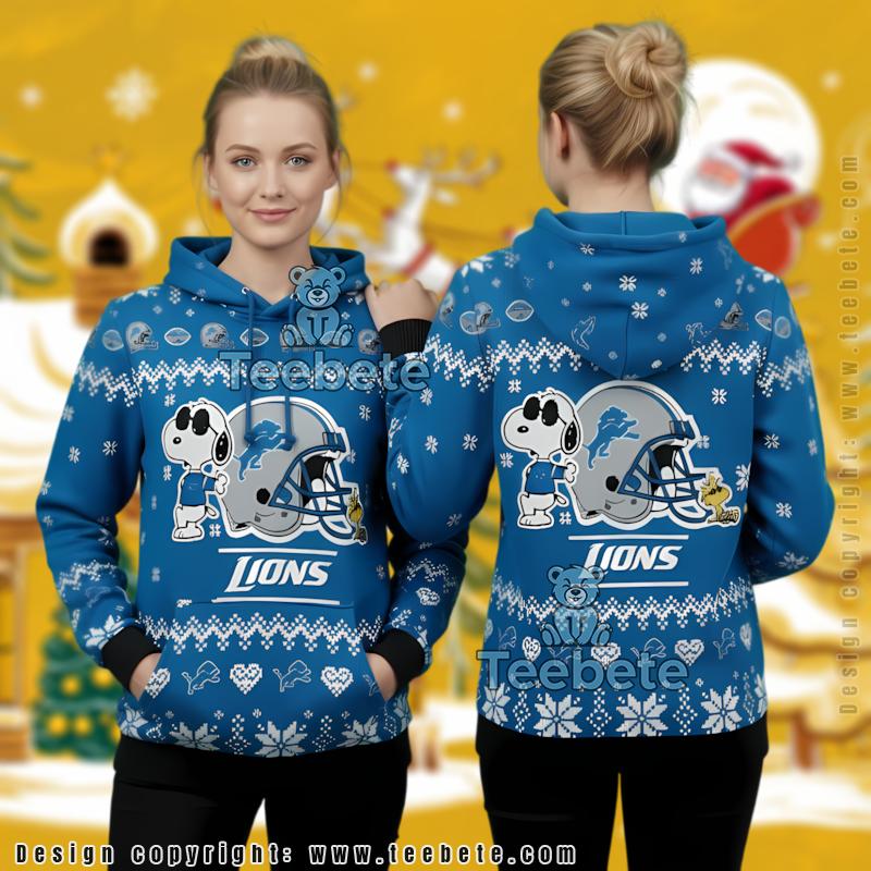 Detroit Lions Peanuts Snoopy Woodstock Blue 3D Ugly Christmas Hoodie