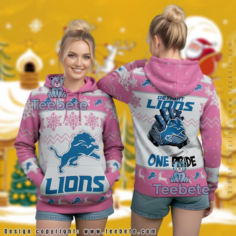 Detroit Lions Pink Winter Pattern Ugly Christmas 3D Pullover Hoodie