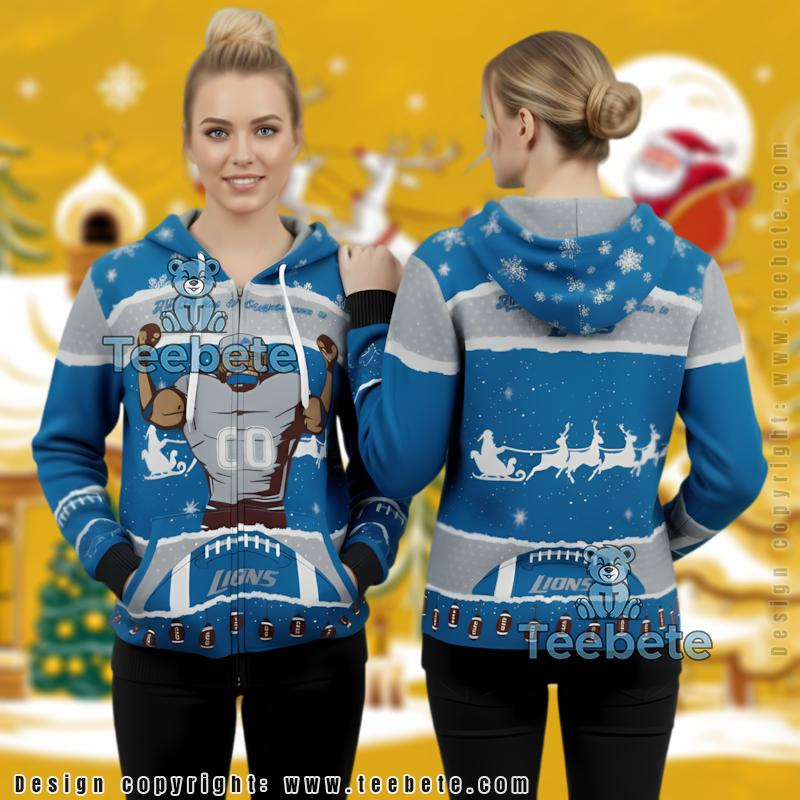 Detroit Lions Player Mascot Ugly Christmas 3D Zip Hoodie