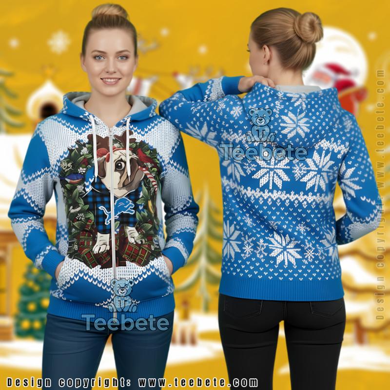 Detroit Lions Pug Dog Reindeer Ugly Christmas 3D Hoodie