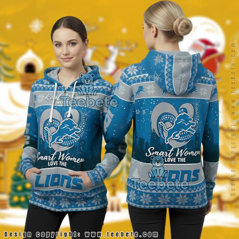 Detroit Lions Real Women Fan Gear Ugly Christmas 3D Full Zip Hoodie