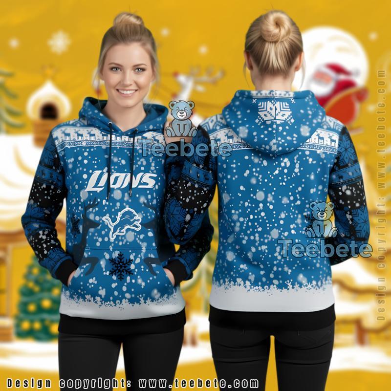 Detroit Lions Reindeer Pattern Ugly Christmas 3D Hoodie