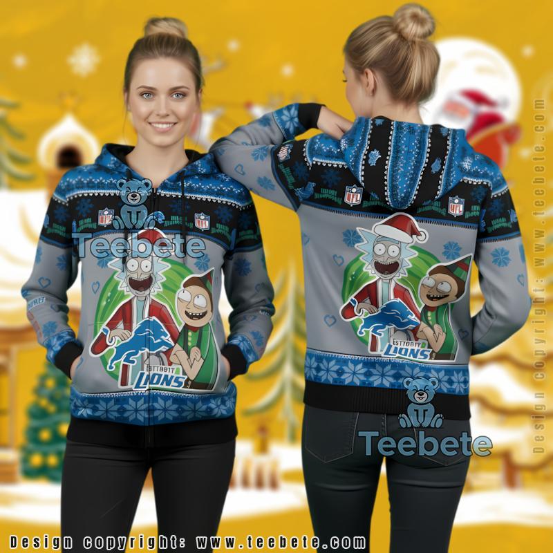 Detroit Lions Rick Morty Christmas Ugly 3D Hoodie Fan Gear