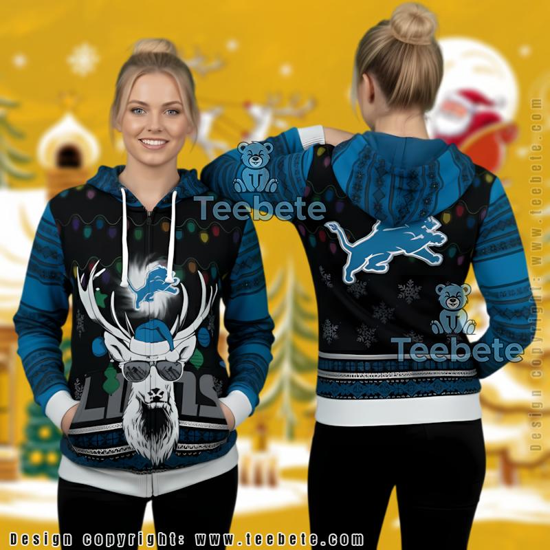Detroit Lions Santa Reindeer Ugly Christmas 3D Hoodie Design
